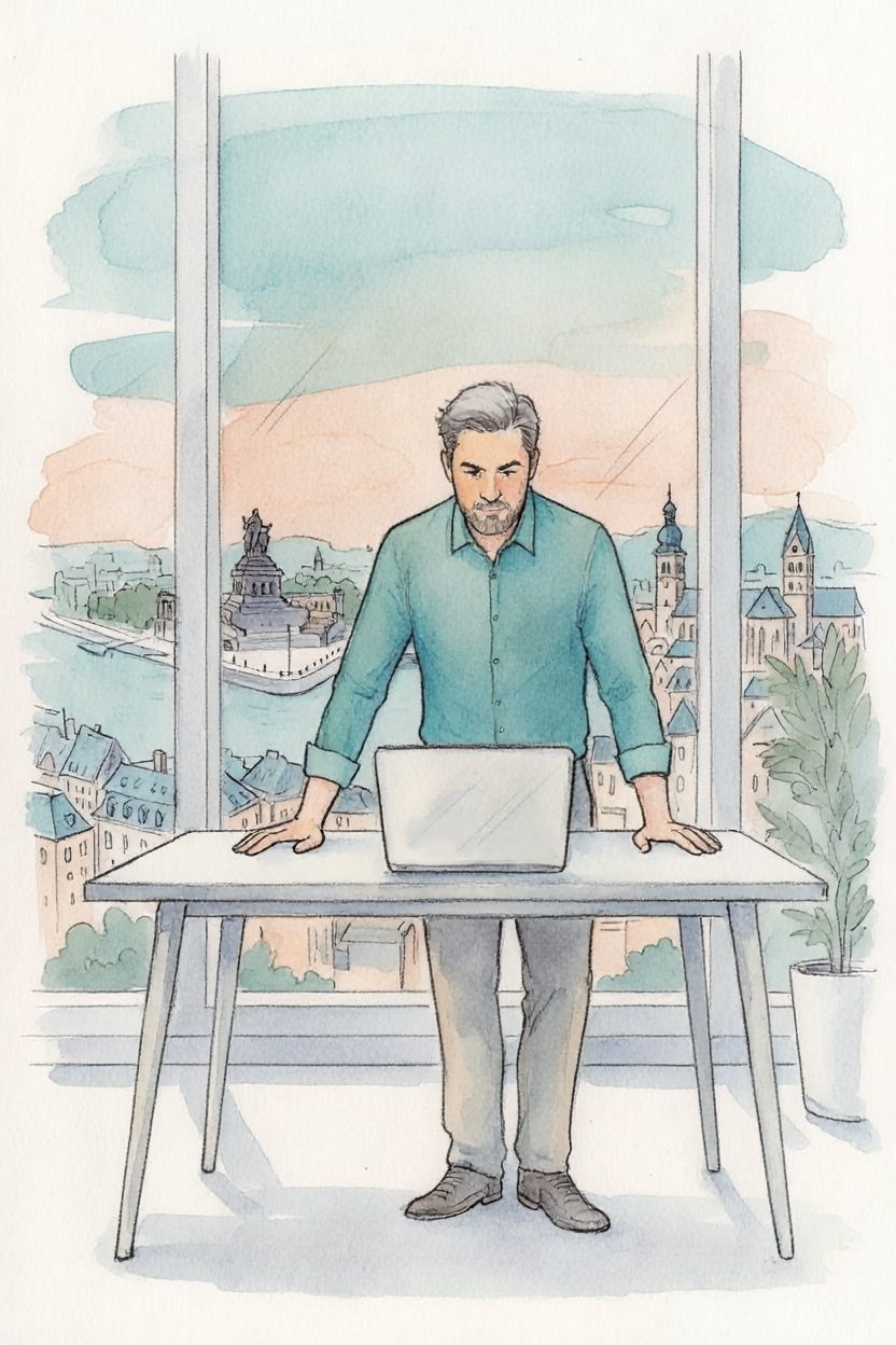 Watercolor sketch of a consultant at a desk with a laptop, overlooking the river confluence at Koblenz