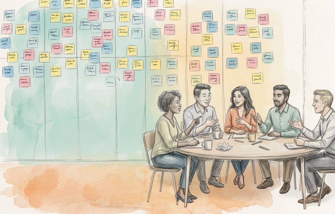 Watercolor sketch of a team discussing ideas around a table in front of a wall of sticky notes