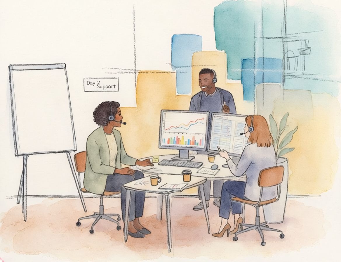 Watercolor sketch of a support team with headsets at a desk with dashboards