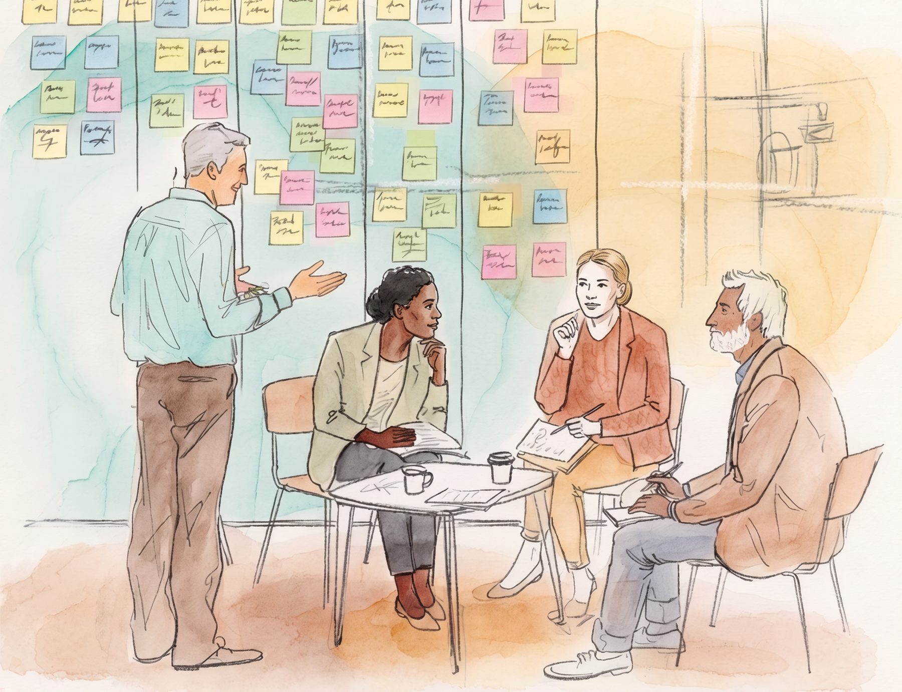 Watercolor sketch of a design workshop: a consultant presents at a sticky-note wall while three colleagues discuss around a table